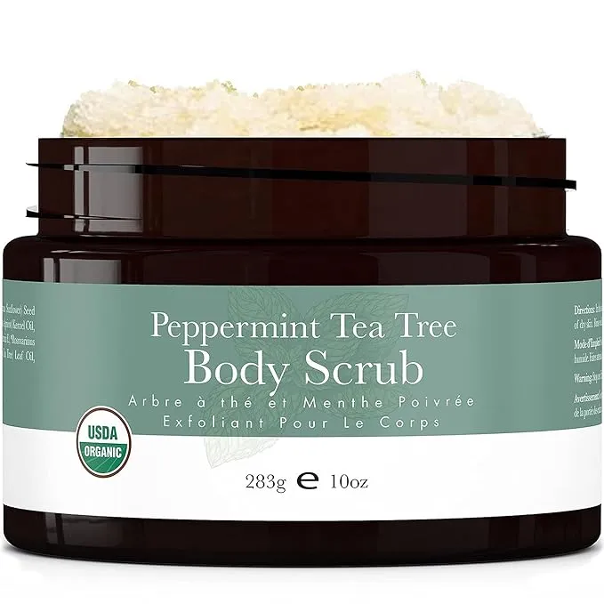 Peppermint Tea Tree Organic Body Scrub - USA Made Sugar Scrub with Natural Ingredients, Moisturizing Body & Foot Exfoliator for Dry and Sensitive Skin, Removes Dead Skin Cells & Reduces Ingrown Hair