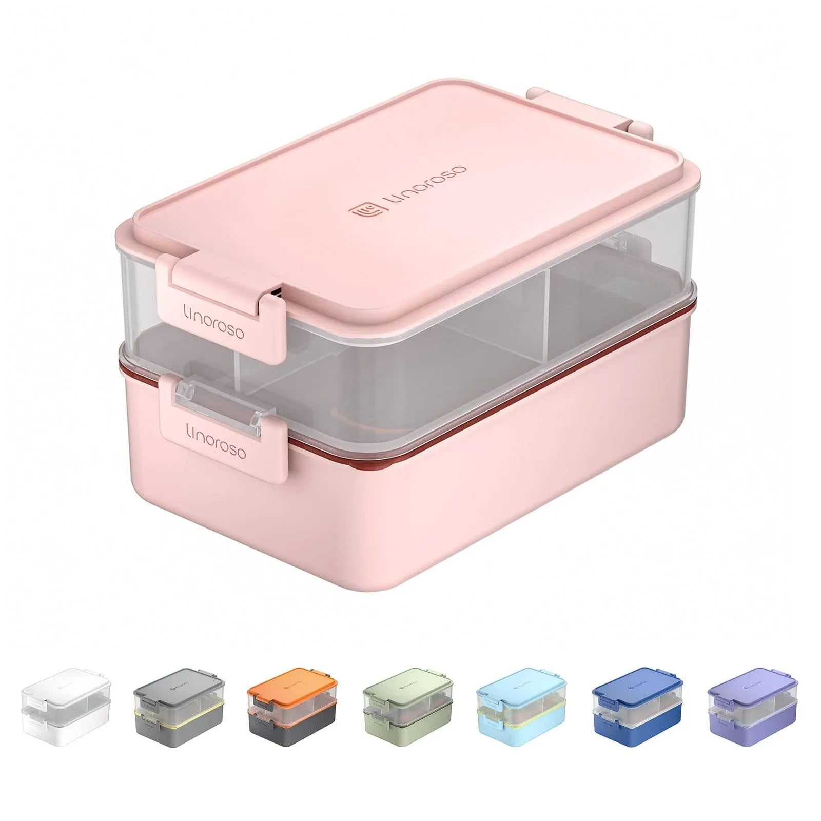 LINOROSO 2 Stackable Leakproof Bento Lunch Box for Adults  Built-in Sauce Cups  Fork and Spoon Pale Mint