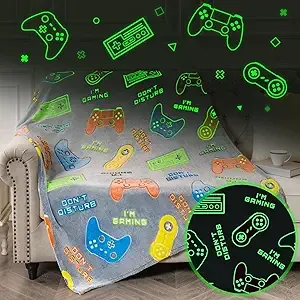 Glow in The Dark Gamer Gaming Blanket Gifts Toys for Kids Boys 1-14 Years Old Toddler Teens Adults Boyfriends Game Controller Throw Birthday Christmas Halloween Presents Game Room Decor Grey 50"x 60"