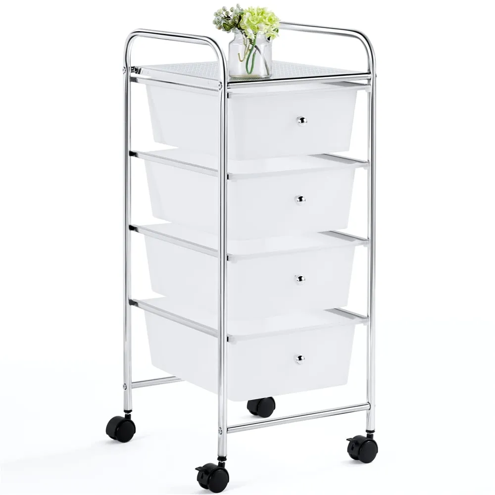 Easyfashion Rolling Storage Trolley Cart with 4 Plastic Drawers on Wheels, White