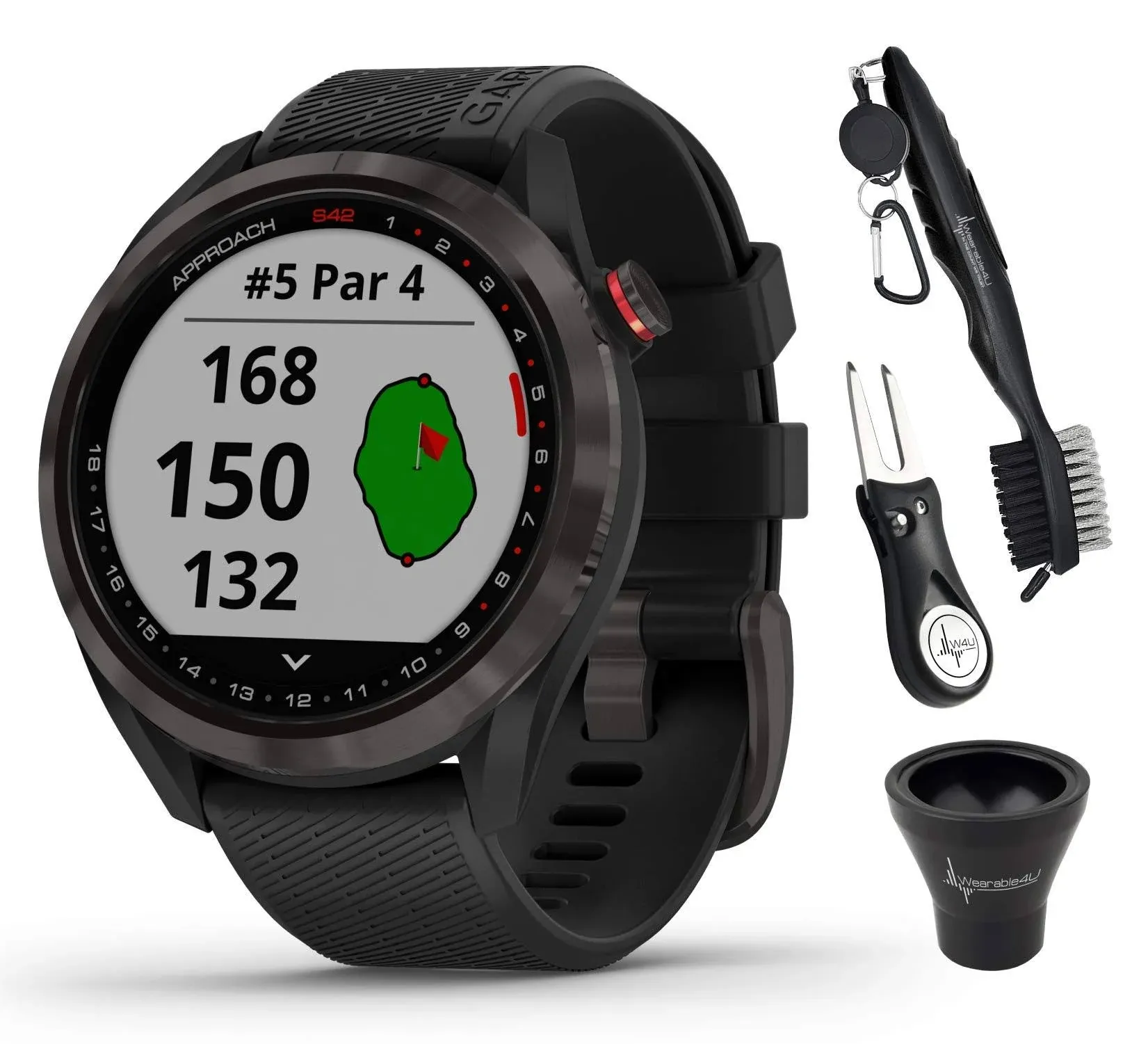 Wearable4U - Garmin Approach S42 Premium GPS Golf Watch, Gunmetal with Black Silicone Band and All-in-One Golf Tools Bundle