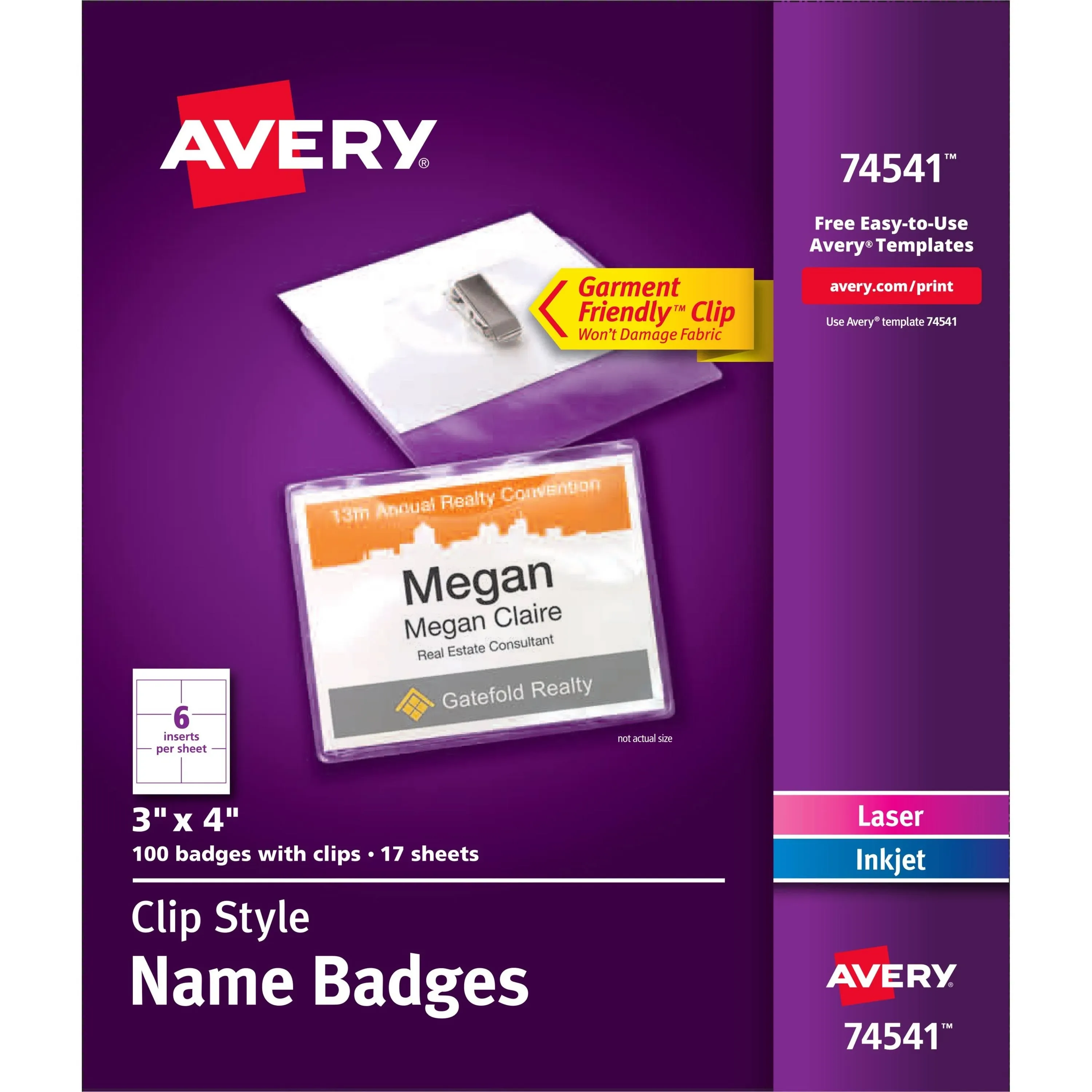 Avery Top-Loading Garment-Friendly Clip-Style Name Badges, 3" x 4", 100 Badges(74541)