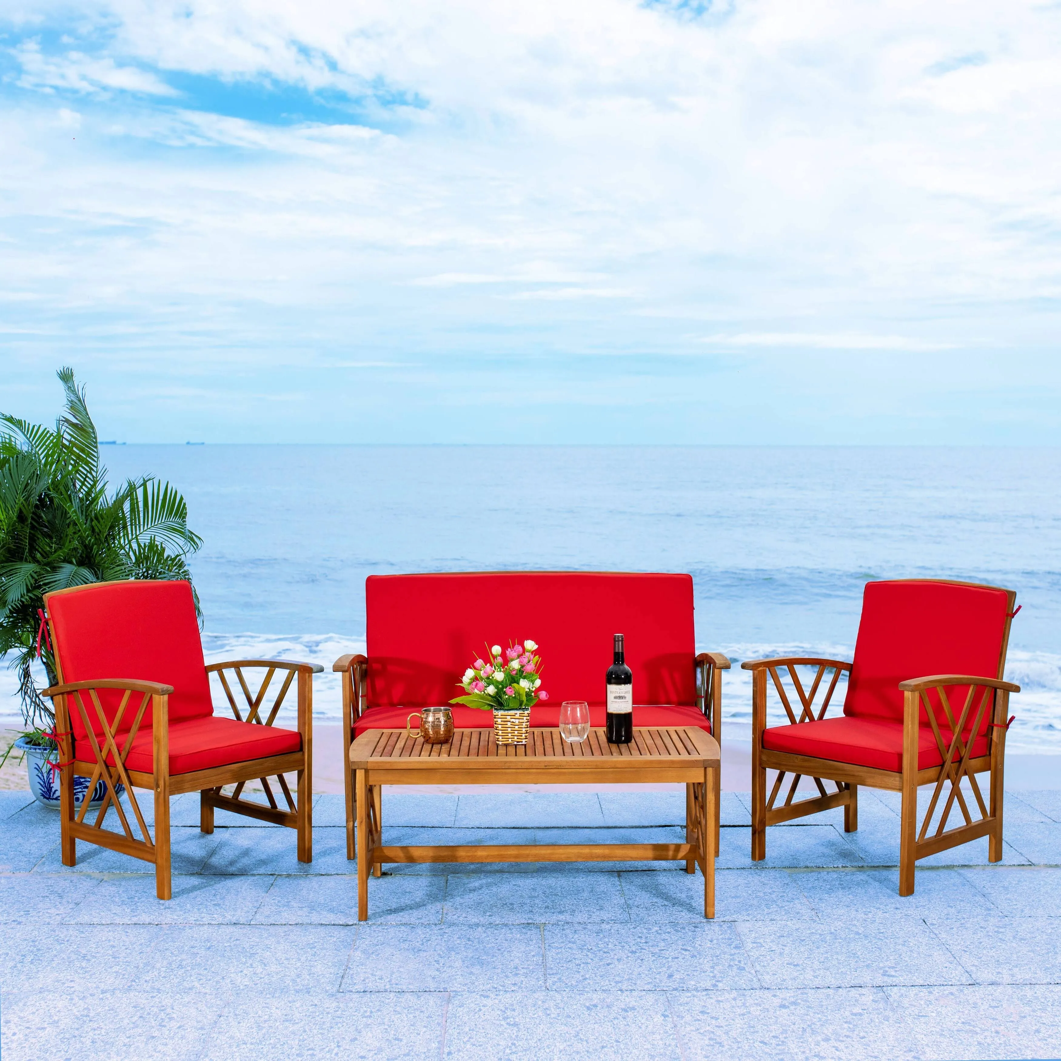 SAFAVIEH Outdoor Collection Fontana 4-Piece Patio Set | Red Cushion |