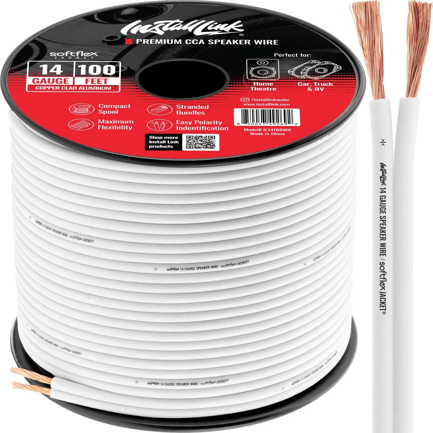 InstallLink 14 Gauge Speaker Wire (White) for Car, Home or RV Audio Cable, 100ft, CCA