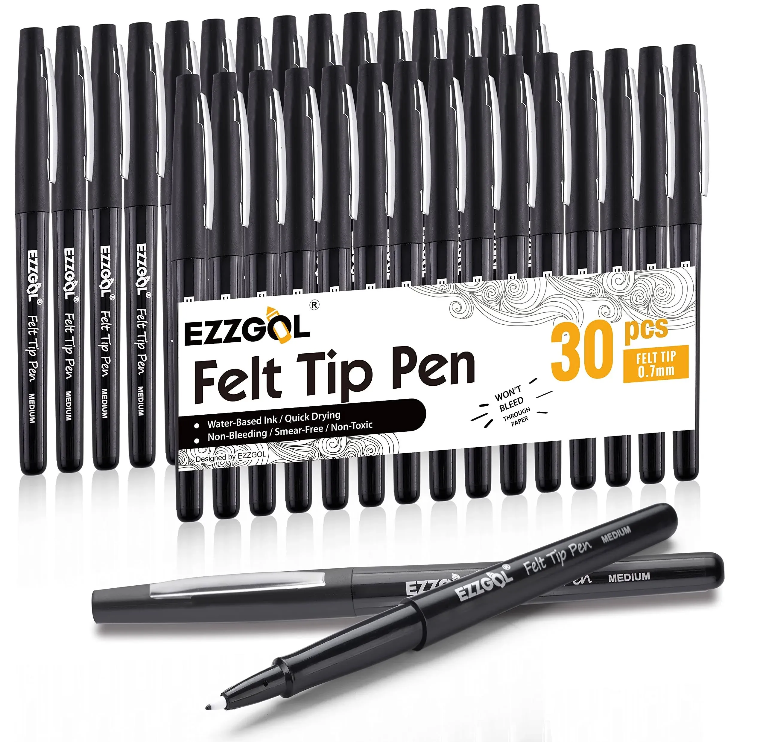 Ezzgol Black Felt Tip Pens, 30 Pack, 0.7mm Premium Medium Fine Point, Felt Tip ...