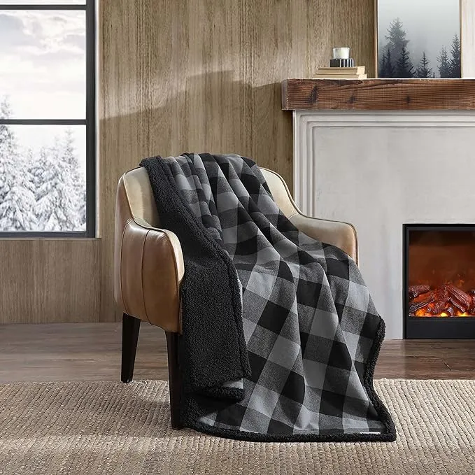 Eddie Bauer - Throw Blanket, Reversible Sherpa Flannel Bedding, Buffalo Plaid Home Decor for All Seasons (Cabin Plaid Beige, Throw)