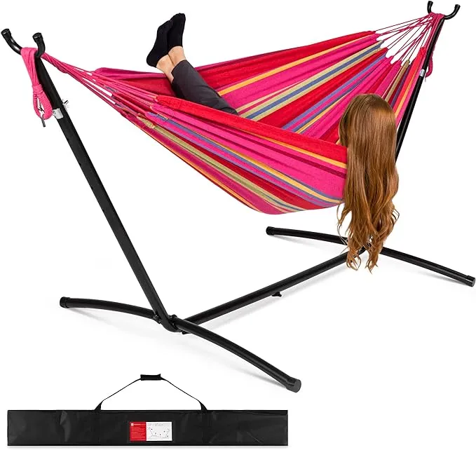 Best Choice Products Double Hammock with Steel Stand, Indoor Outdoor Brazilian-Style Cotton Bed w/Carrying Bag, 2-Person Capacity - Abyss