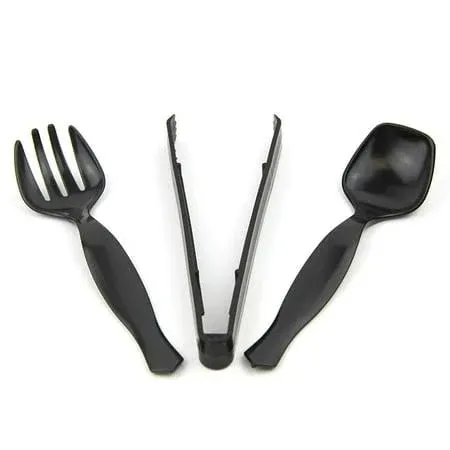 [30 Pack] 10 x 9 Spoons 10 x 9 Forks 10 x 9 Tongs Combo Black Disposable Plastic Serving Utensils Set Heavy Duty Catering Supplies Wedding Birthday Party Buffet