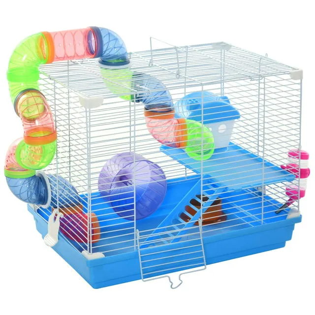 PawHut 2-Level Hamster Cage House Rodent Gerbil home Mouse Rat Habitat Metal Wire with Exercise Wheel