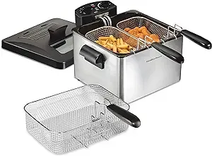 Hamilton Beach Electric Deep Fryer with Lid 4.5 Liters / 19 Cups Oil Capacity, Temperature Control, View Window, Professional Style, 1800 Watts, Three Frying Baskets, Stainless Steel