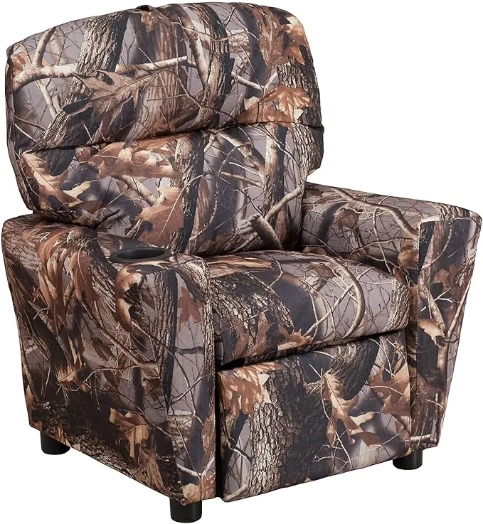 Flash Furniture Chandler Vinyl Kids Recliner with Cup Holder and Safety Recline, Contemporary Reclining Chair for Kids, Supports up to 90 lbs., Camouflage