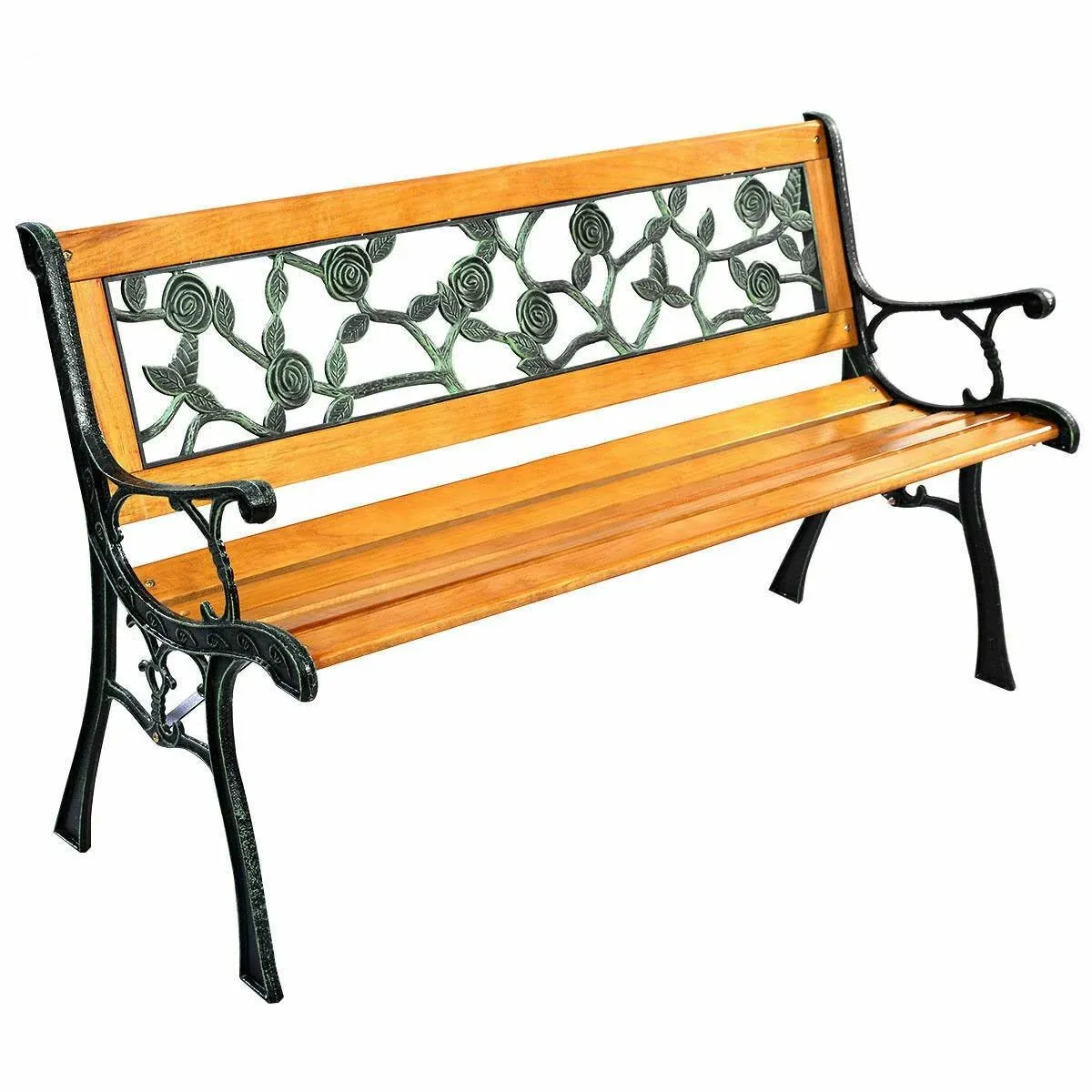 Patio Park Garden Bench Porch Chair Cast Iron Hardwood