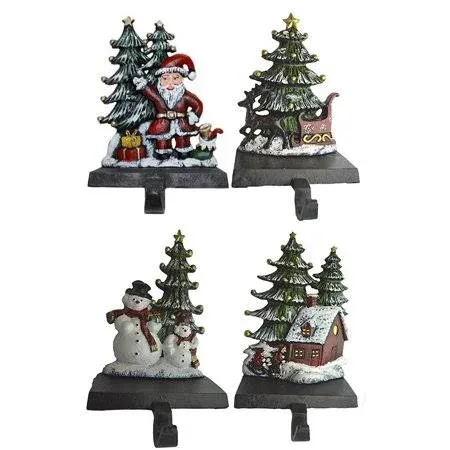 Lulu Decor, Cast Iron Christmas Stocking Holder, Sleigh with Deer, Santa with Gifts, House with Kids & Snowman with Christmas Tree, Set of 4 Hooks