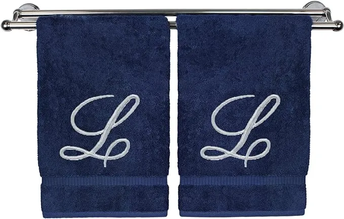 BC Bare Cotton Silver Script Monogrammed Turkish Cotton 16x30-inch Hand Towel (Set of 2) - L (Blue - Navy - Cotton - Embroidered - 2 Piece)