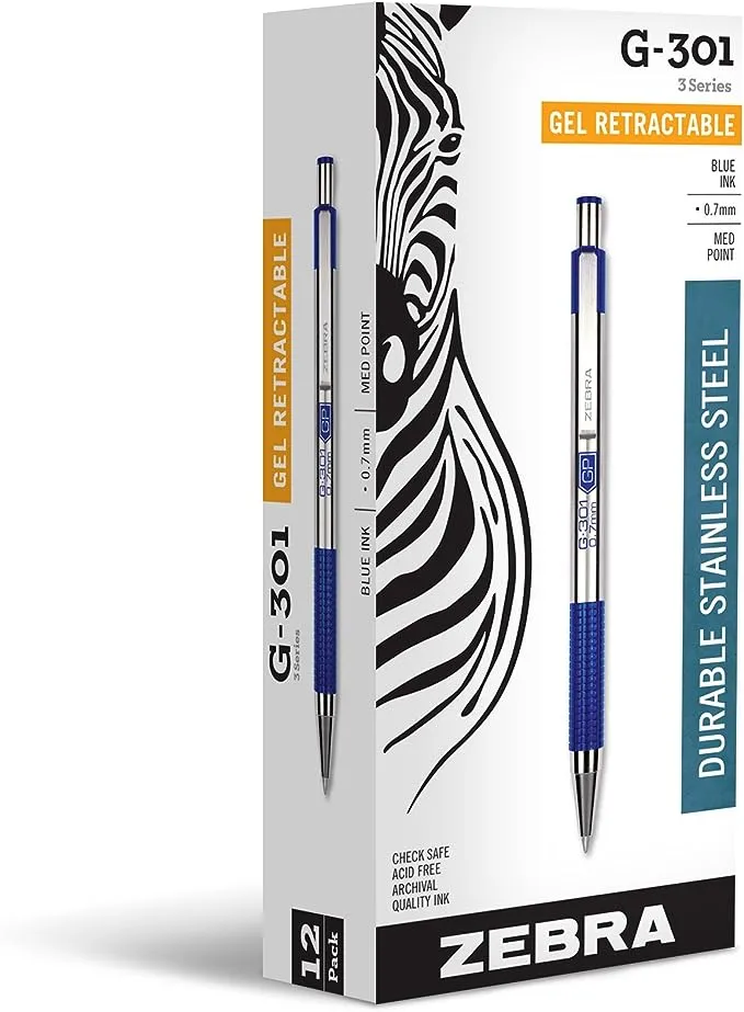 Zebra G-301 Retractable Gel Pen, Fine Point, 0.7mm, Blue Ink, 12 Count