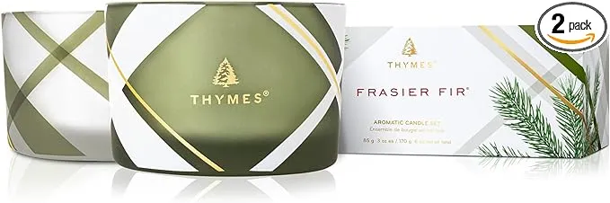 Thymes Frosted Plaid Frasier Fir Candle Set – Scented Candle Set with Notes of Crisp Siberian Fir, Cedarwood and Sandalwood – Luxury Home Fragrance - 3 Oz (2 Pack)