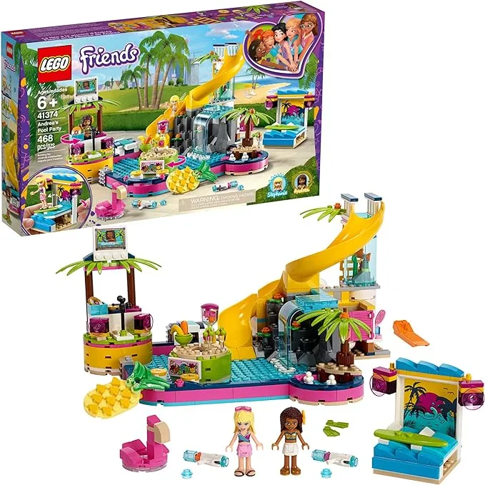 LEGO Friends Andrea's Pool Party 41374 Toy Pool Building Set with Andrea and Stephanie Mini Dolls for Pretend Play, Includes Toy Juice Bar and Wave Machine (468 Pieces)