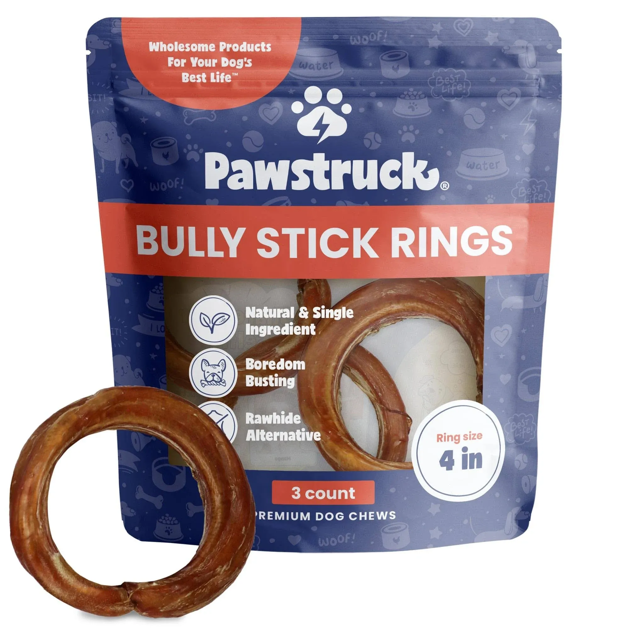 Pawstruck All Natural 4" Bully Stick Rings for Dogs, Grain Free, Low Odor, Single Ingredient, & Rawhide-Free Dental Chew Treat B