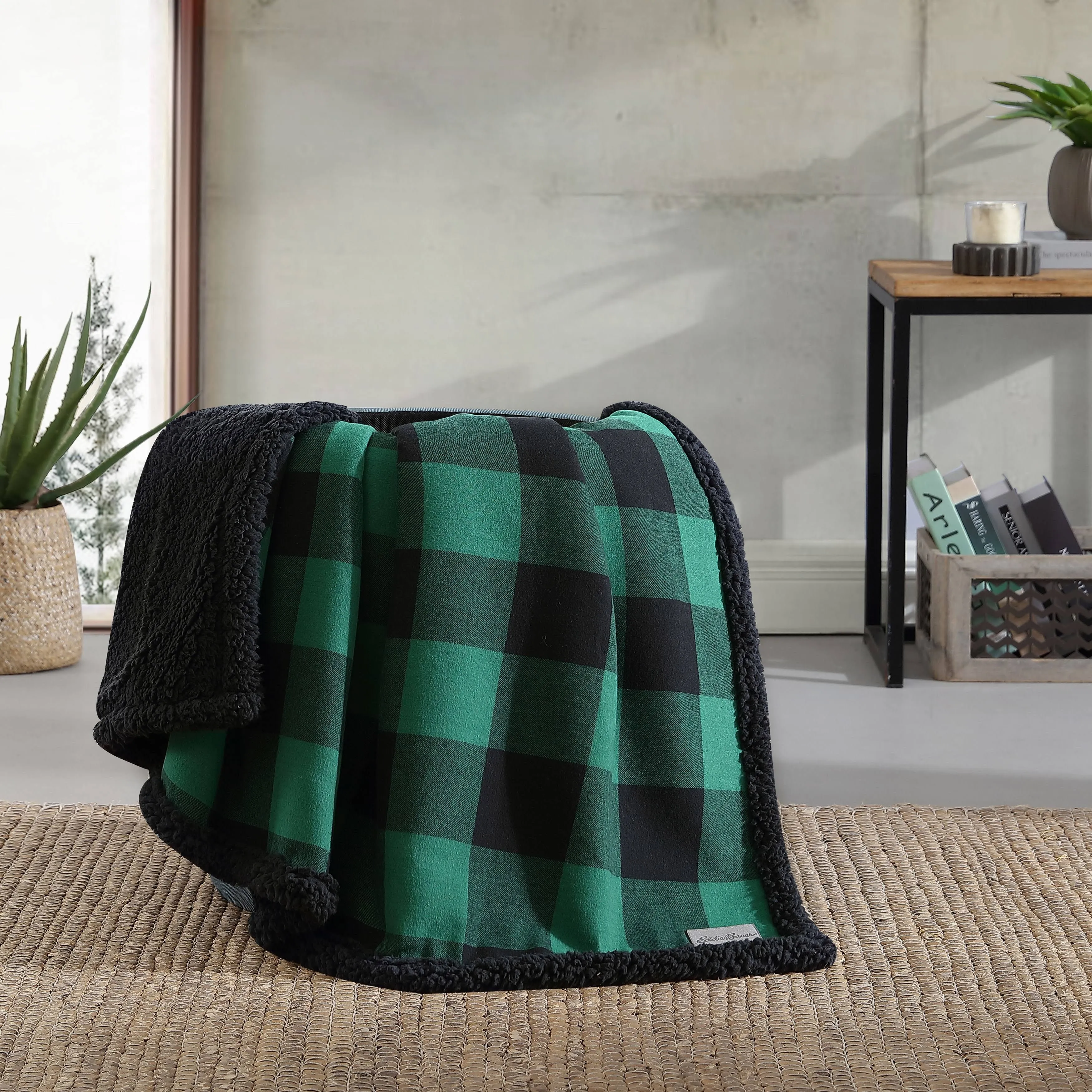 Eddie Bauer Cabin Buffalo Plaid Sherpa Reversible Throw Blanket, Green