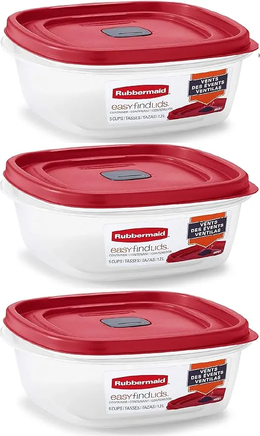 Rubbermaid Easy Find Lid Square 5-Cup Food Storage Container (Pack of 3), Red (Vented)