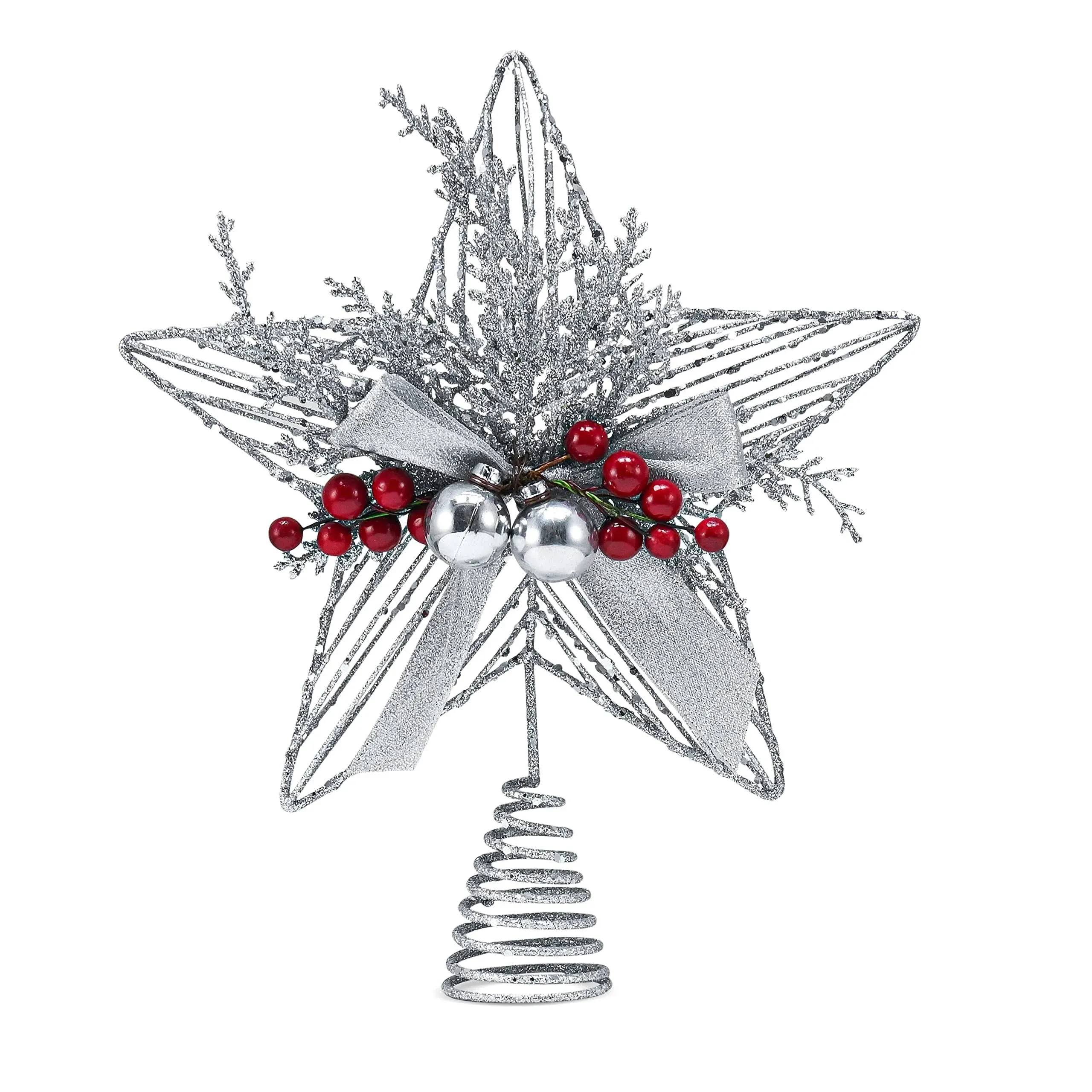 Ornativity Silver Star Tree Topper - Christmas Glitter Silver Star Xmas Holiday Decor Tree Top Decoration with Silver Bells and Mistletoe and Holly Red Berries 11.5"