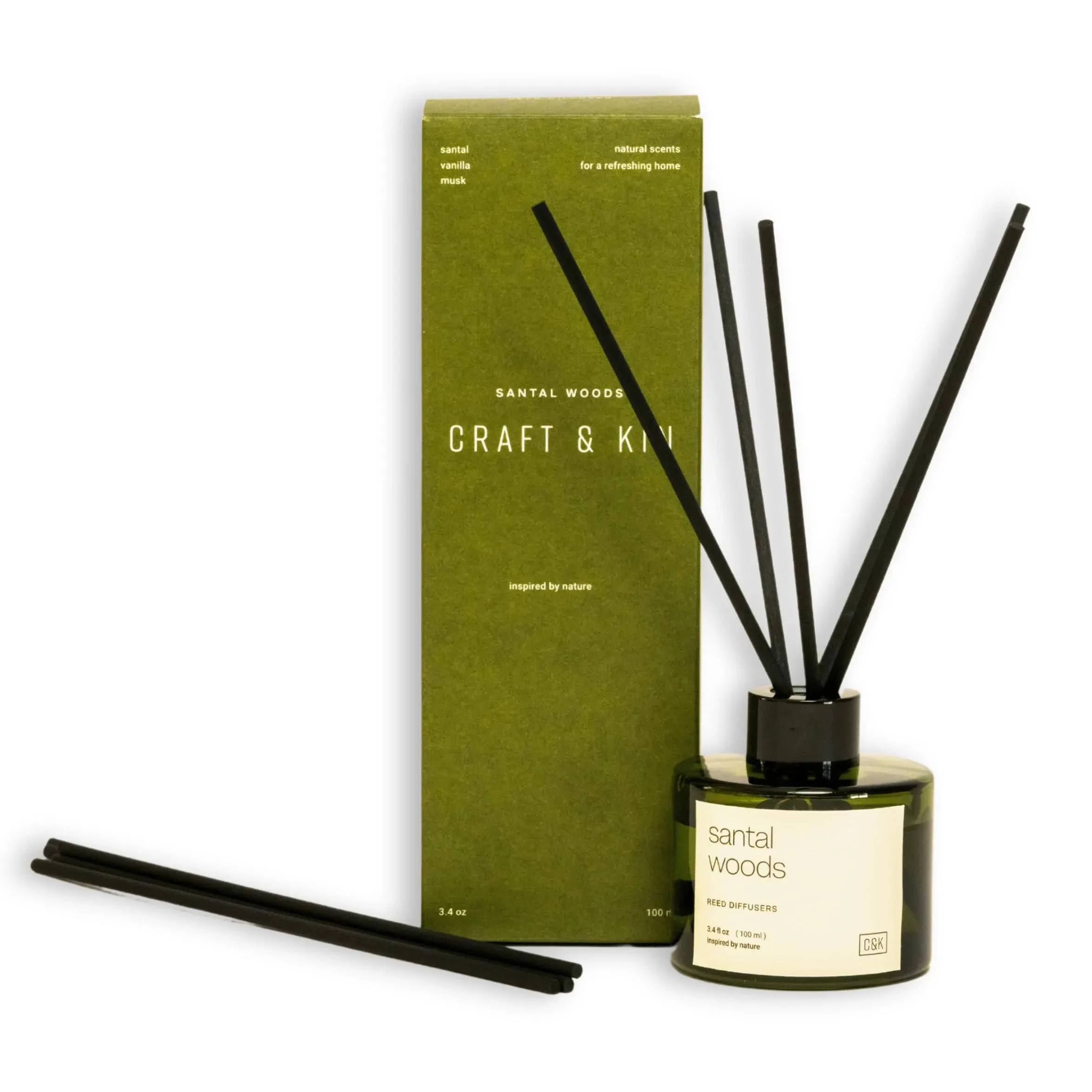 Craft & Kin Reed Diffuser Set for Home with Santal Woods Scent