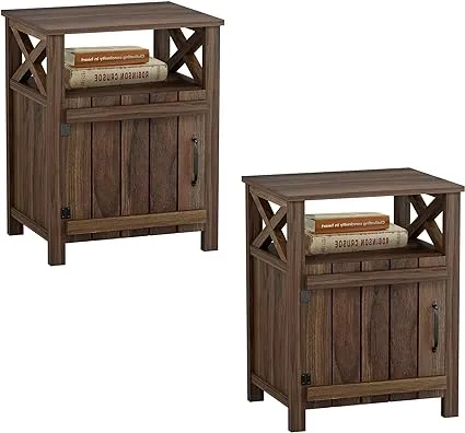 JAHRSTIM Farmhouse Nightstand Set of 2, Side Table, End Table w/Barn Door & Shelf, Rustic Farmhouse Nightstands Set, Modern Side Table End Table Night Stand for Bedroom, Living Room