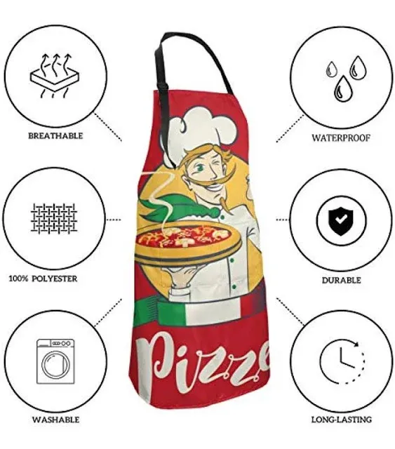 Cartoon Pizza Chef Funny Waterproof Apron for Adults Chef Bib With Roomy Pocket for Kitchen BBQ Crafting Drawing