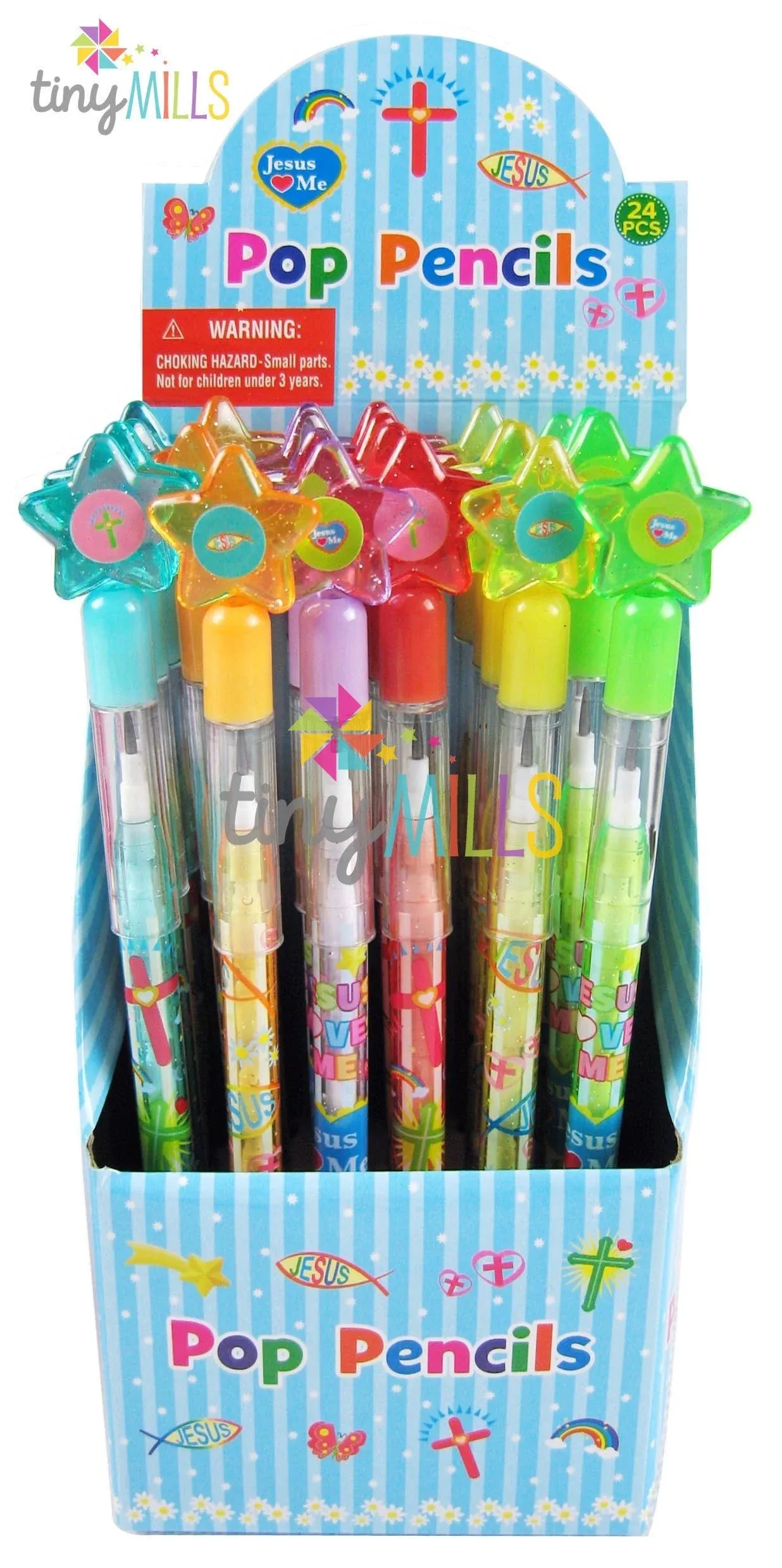 Tiny Mills 24 Pcs Christian Religious Multi Point Pencils Jesus Loves You Multi Point Stackable Pencil with Eraser for Sunday School Party Favor Prize Carnival Rewards Religious Prizes