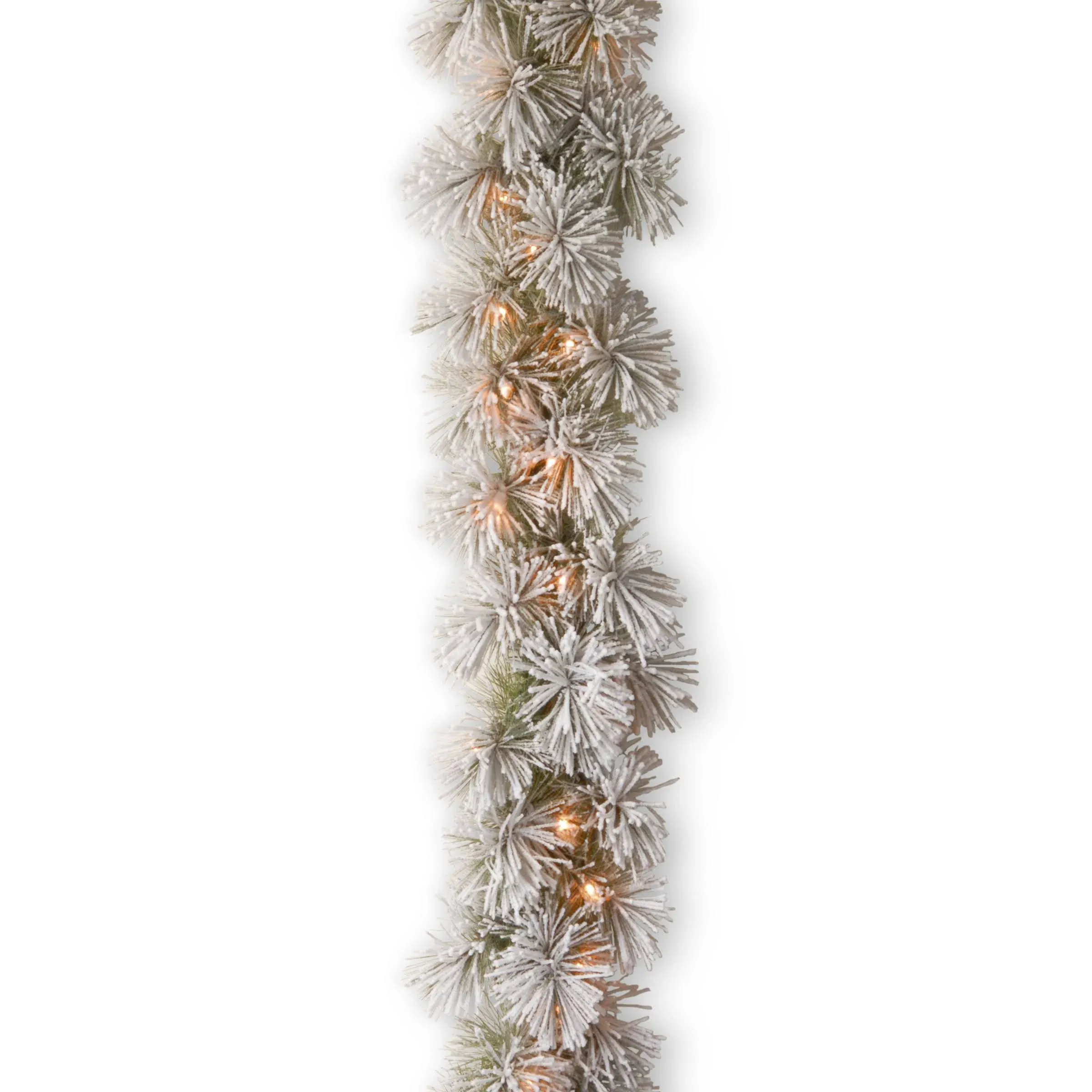 National Tree Company 9′ x 12″ Snowy Bristle Pine Garland with 70 Clear Lights