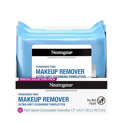 Neutrogena Cleansing Fragrance Free Makeup Remover Face Wipes, Cleansing Facial Towelettes for Waterproof Makeup, Alcohol-Free, Unscented, 100% Plant-Based Fibers, Twin Pack, 2 x 25 ct