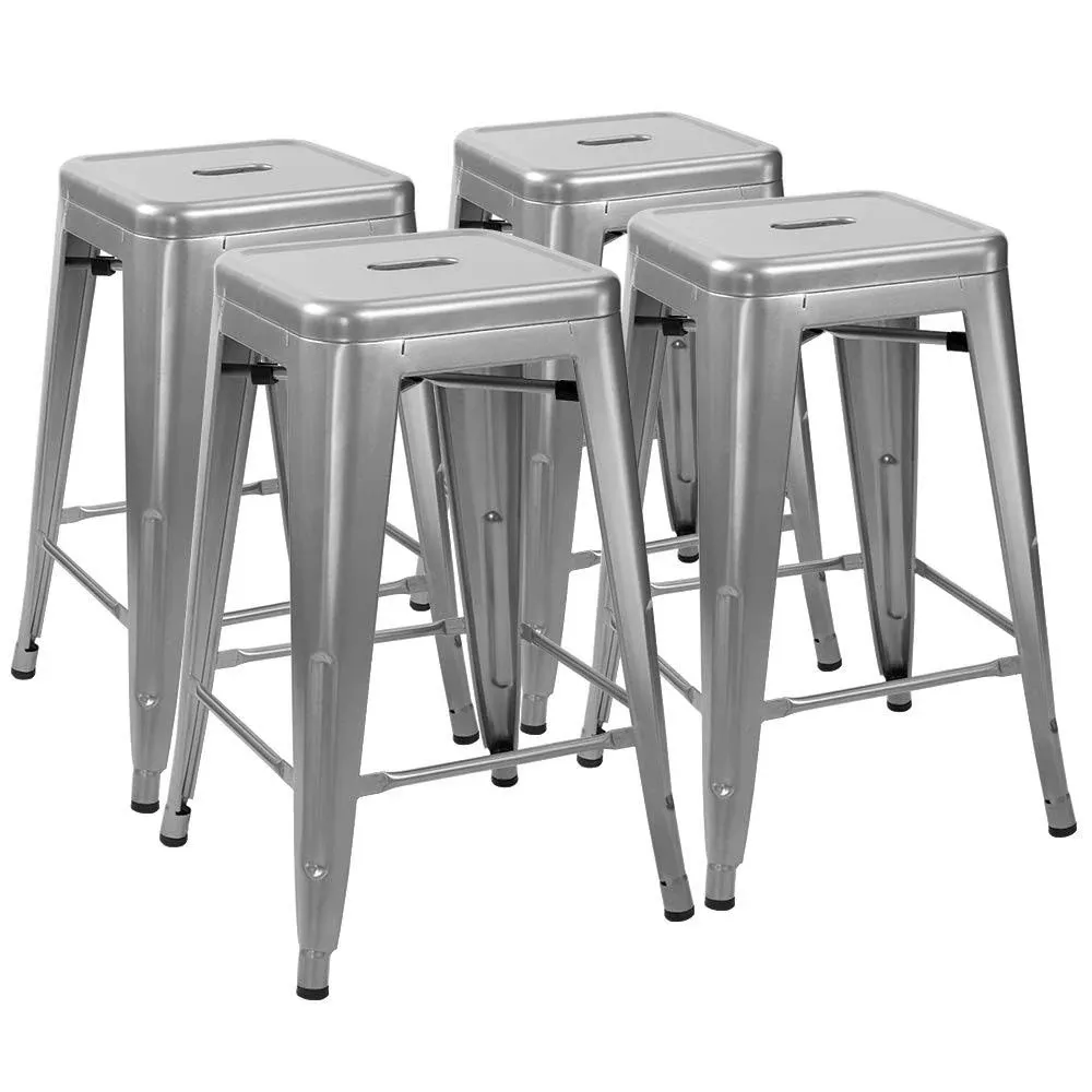 Furmax 24 Inches Metal Bar Stools Bar Height High Backless Stools Indoor Outdoor Stackable Kitchen Stools Set of 4 (Sliver)