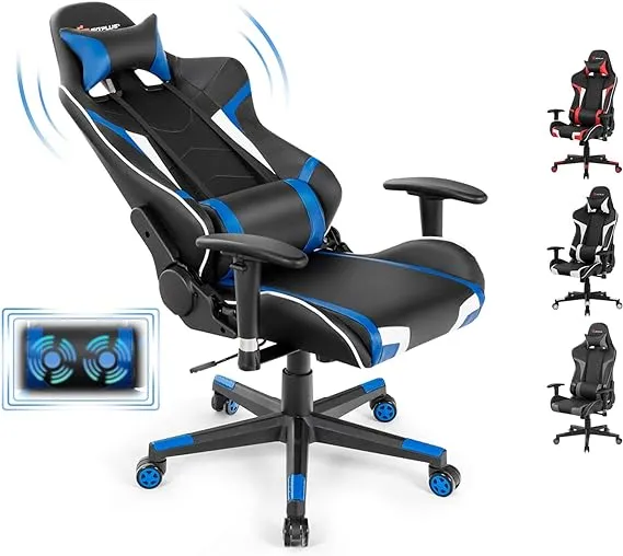 Goplus Gaming Chair, Massage Office Chair Computer Gaming Racing Chair, High Back PU Leather Adjustable Arms Headrest Ergonomic Reclining Game Chair, Rolling Swivel Executive Chair