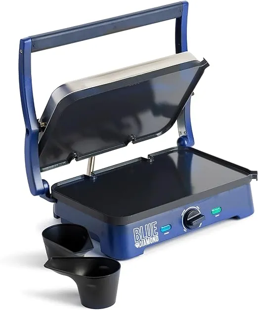 Blue Diamond Ceramic Nonstick, Electric Contact Sizzle Griddle, Open Flat Design, Dishwasher Safe Removable Plates, Adjustable Temperature Control, PFAS-Free, Blue