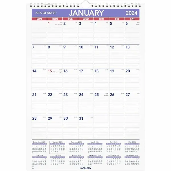 At-a-glance Monthly Wall Calendar with Ruled Daily Blocks 12 x 17 White Sheets 12-Month Jan to Dec 2024