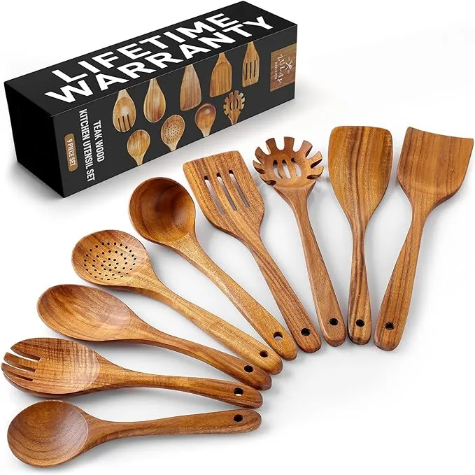 Zulay Kitchen Natural Teak Wooden Utensils for Cooking