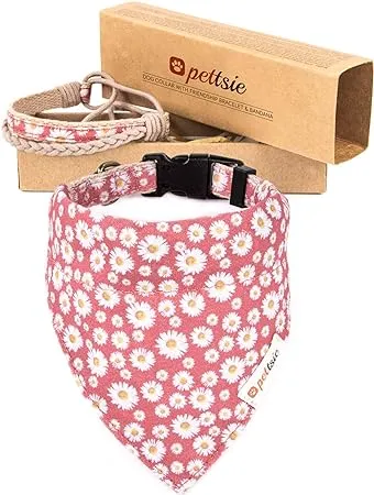 Pettsie Matching Dog Collar, Bandana, Friendship Bracelet, Durable Hemp, 3 Adjustable Sizes, Comfortable and Soft for Sensitive Skin, Carton Box, Strong D-Ring for Easy Leash Attachment, M, Pink