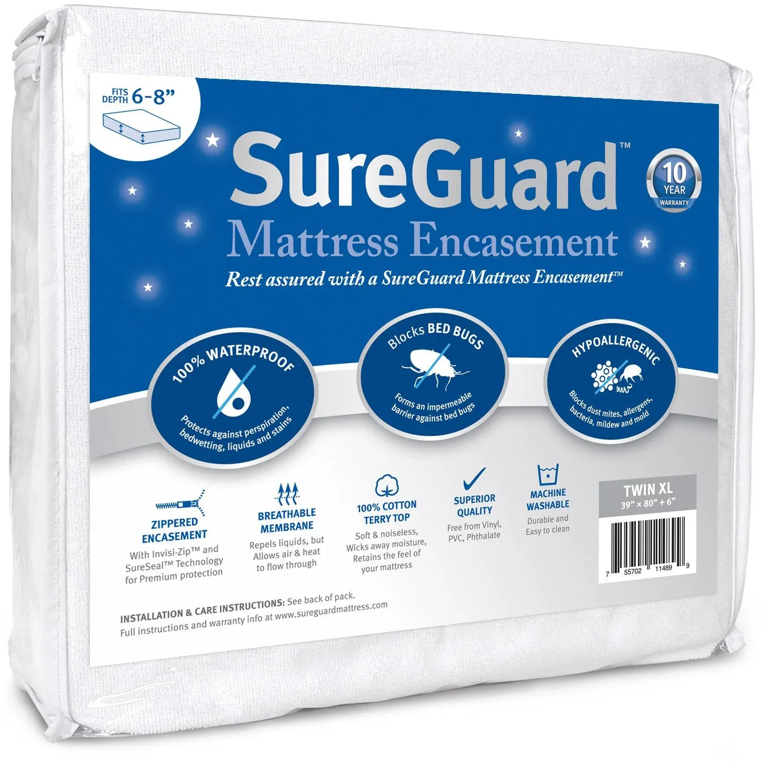 Twin XL (6-8 in. Deep) SureGuard Mattress Encasement - 100% Waterproof, Bed Bug ...