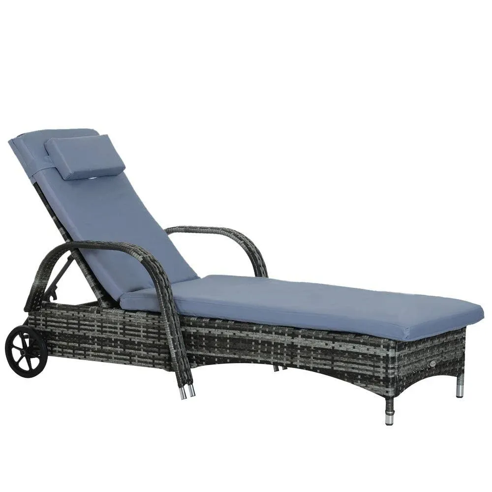 Outsunny Patio Wicker Chaise Lounge, PE Rattan Outdoor Lounge Chair with Cushion, Height Adjustable Backrest & Wheels, Gray