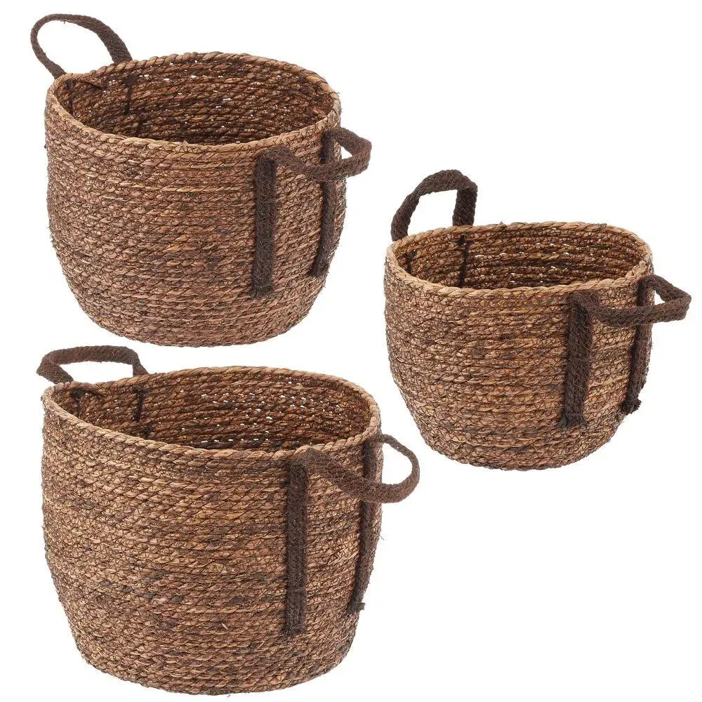 mDesign Round Braided Seagrass Woven Storage Basket with Jute Handles - Rope Weave Circle-Shaped Basket Bin for Shoe Storage in Entryway, Organizing Playroom Toys, and Laundry - Set of 3 - Gray Wash