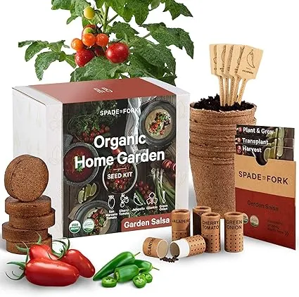 Organic Indoor Salsa Garden Starter Kit - Made in USA - Certified USDA Organic - 5 Seed Types San Marzano & Cherry Tomato, Jalapeño, Cilantro, Green Onion - Potting Soil, Indoor Herb Garden Kit