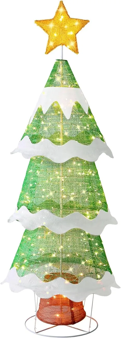 Lighted Christmas Tree Outdoor Christmas Decorations 6.5ft Lighted Pop-Up Christmas Tree, Large White Outdoor Christmas Holiday Decoration w/ 200 LED Lights