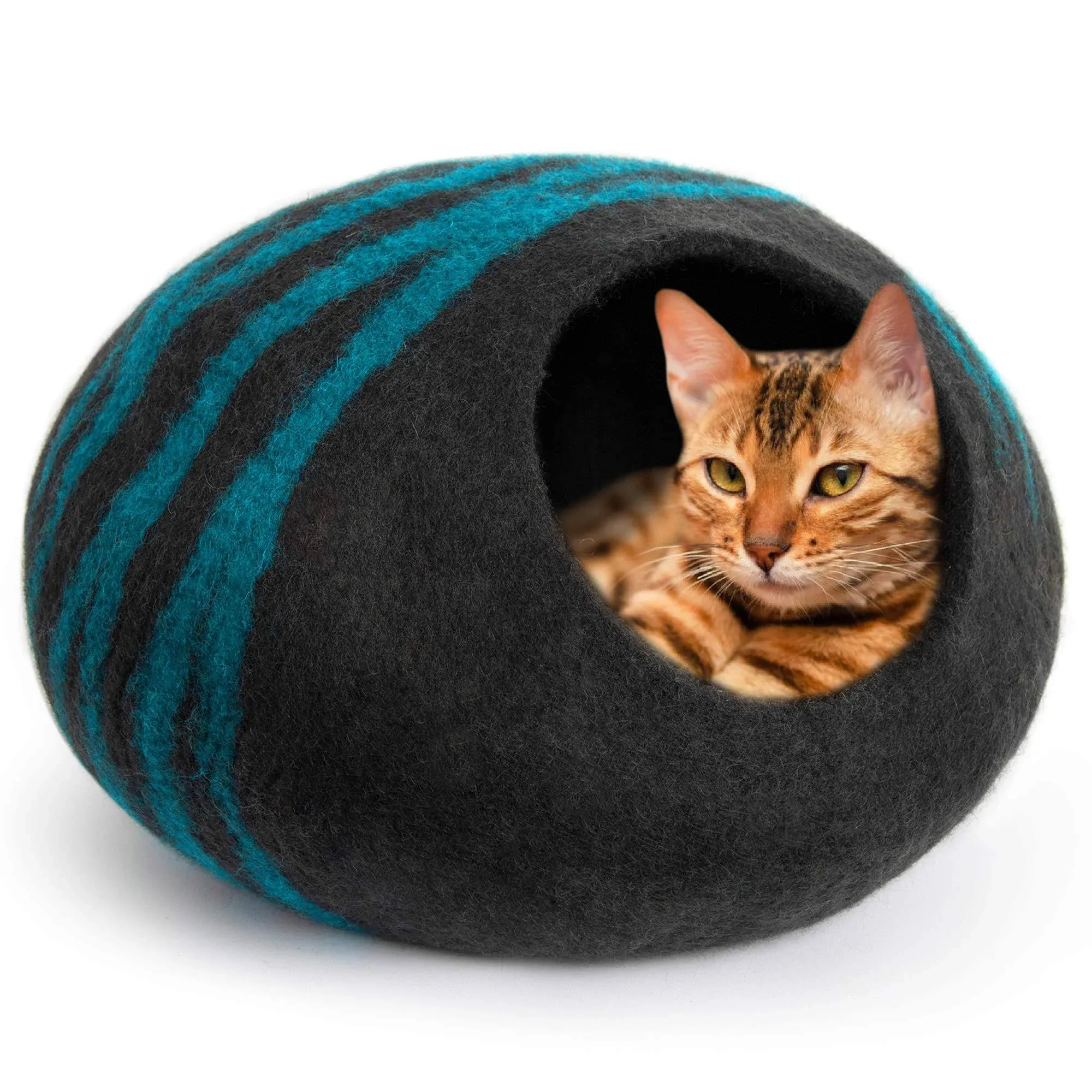 MEOWFIA Premium Felt Cat Bed Cave (Medium) - Handmade 100% Merino Wool Bed for Cats and Kittens (Black/Aqua/Medium)