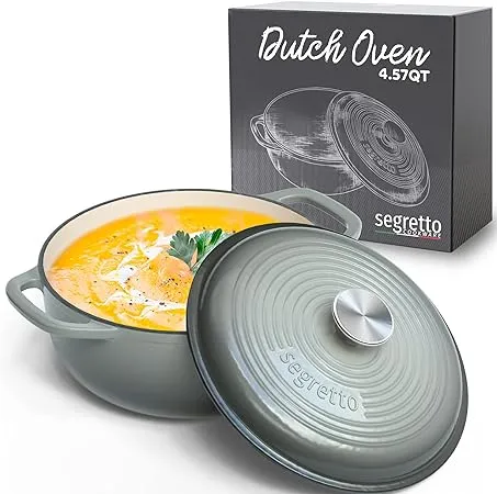 Segretto Cookware Enameled Cast Iron Dutch Oven Pot with Lid 4.57 Quarts, Gri...