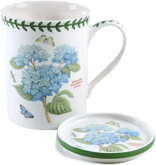 Portmeirion Home & Gifts Hydrangea Motif Mug and Coaster Set, Porcelain, Multi-Colour, 8.5 x 12 x 10.5 cm