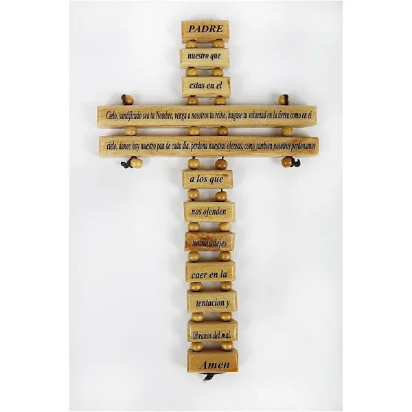 Olive Wood Crucifix / Wall Cross adorned with the &#034;Our Father Prayer&#034; (Spanish