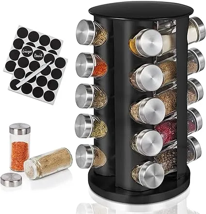 Spice Rack, Spice Rack Organizer for Countertop, Empty 20-Jars Rotating Spice Rack, Spinning Spice Rack Shelf, Revolving Spice Rack for Kitchen (Black)