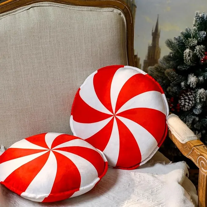 Soaoo 2 Pack Merry Christmas Peppermint Pillow 14 x 14 Inches Decorative Red Candy Swirl Lollipop Pattern Throw Pillow for Outdoor Decorations Winter Home Decor