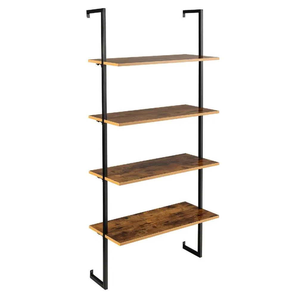 Costway 4-Tier Industrial Ladder Bookshelf with Metal Frame-Coffee