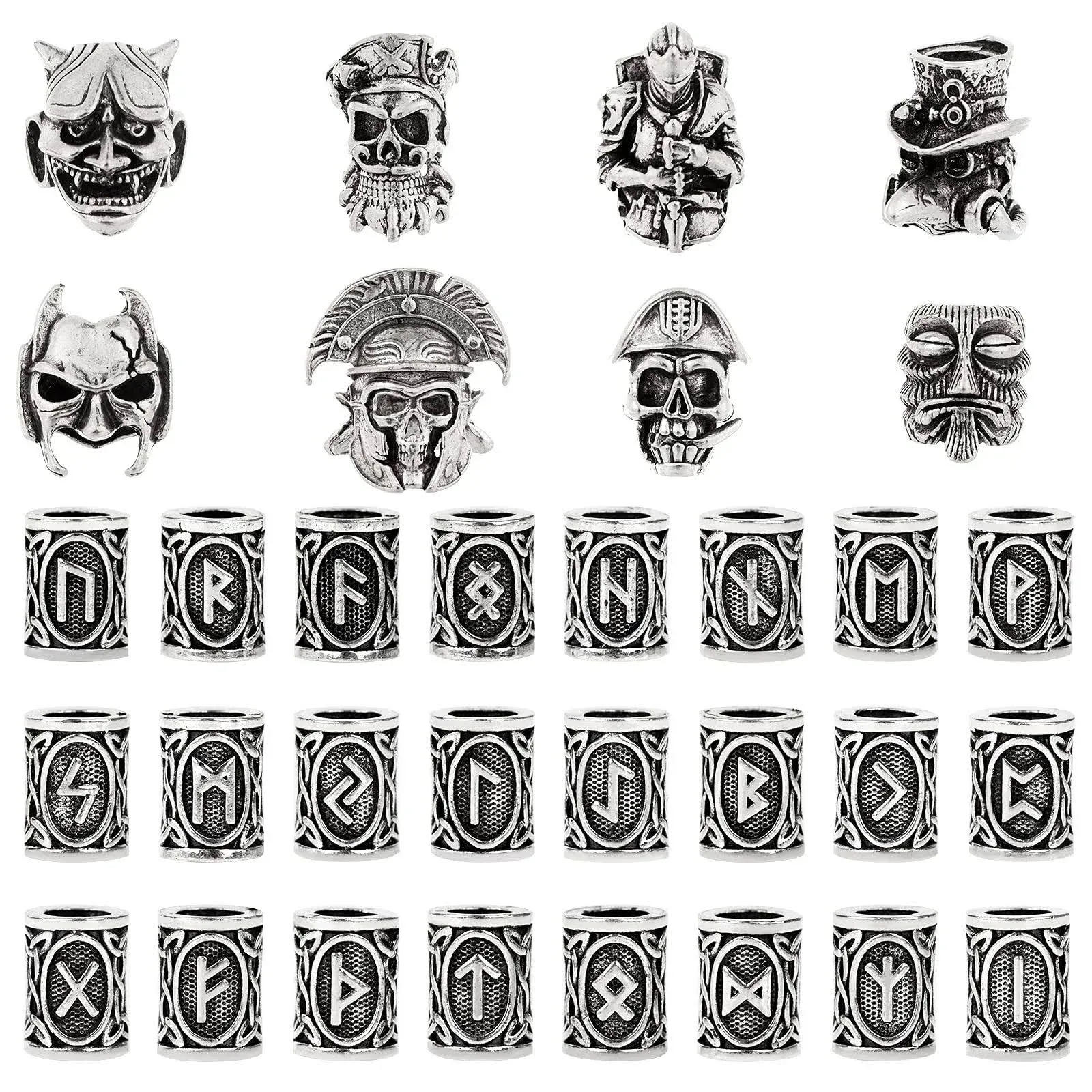 craftshou 32 Pieces Viking Beard Beads Norse Runes Hair Beads Pirate Skull Dreadlocks Bead for Jewelry Bracelets Pendant Necklace DIY Braiding Hair Braids